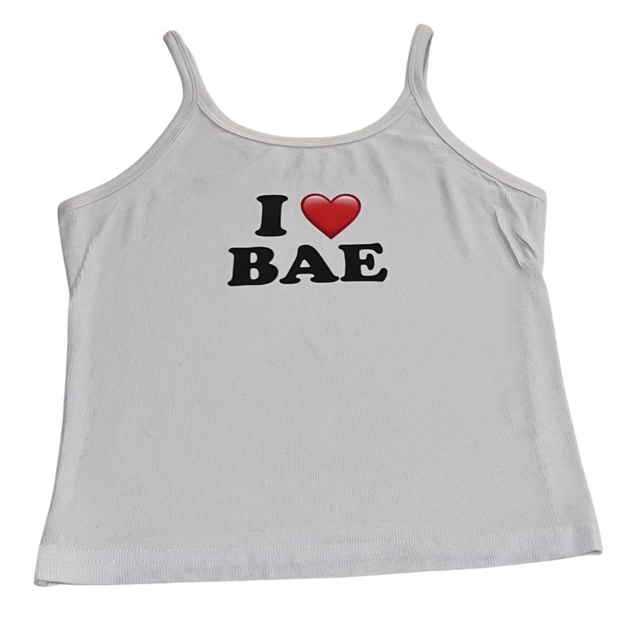 White tank top with 'I ❤️ BAE' text on a white background